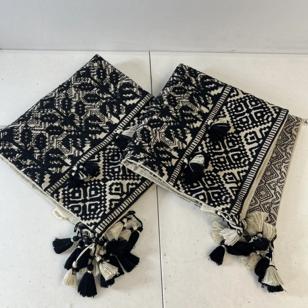 Arhaus Pillow Covers Set of 2 Black/tan with Tassels Geometric Tree Design Artsy